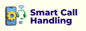 Smart Call Handling graphic featuring a smartphone with gear and headset icons, symbolizing AI-enabled utility call center solutions for efficient customer engagement.