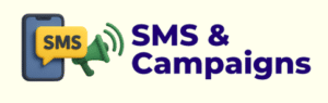 SMS and campaigns graphic featuring a smartphone icon with an SMS symbol, emphasizing multichannel utility support and customer engagement.