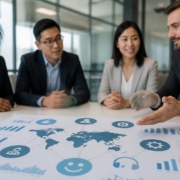 Business professionals discussing customer experience strategies over a table with visual icons representing outsourcing, customer service, and analytics.