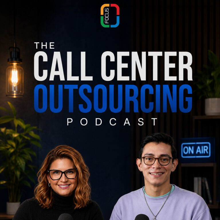 Focus Services podcast thumbnail featuring hosts discussing call center outsourcing and AI-enabled service delivery.